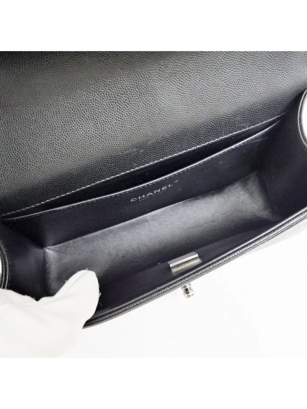 Chanel Boy 25 Chain Shoulder Bag Caviar Leather Quilted Black Gun